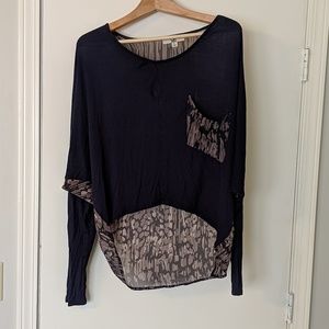 Navy and tan high low blouse